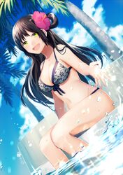  1girl achiki bangs bikini black_hair blue_sky blurry blush breasts cleavage clouds cloudy_sky day depth_of_field dutch_angle eyebrows_visible_through_hair front-tie_bikini front-tie_top green_eyes knees_together_feet_apart long_hair looking_at_viewer medium_breasts open_mouth original outdoors palm_tree pool poolside sidelocks sitting sky smile soaking_feet solo splashing swimsuit thighs tree white_bikini 