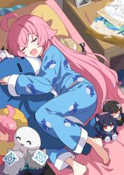  1girl ahoge animal_print ayane_(blue_archive) barefoot black_hair blue_archive blue_pajamas blue_scarf brown_hair closed_eyes doodle_sensei_(blue_archive) fang glasses grey_hair hair_ornament highres hina_(blue_archive) holding holding_stuffed_toy hoshino_(blue_archive) ideolo long_hair long_sleeves lying nonomi_(blue_archive) on_bed on_side open_mouth pajamas paper picture_frame pillow pink_hair red_eyes scarf sensei_(blue_archive) serika_(blue_archive) shiroko_(blue_archive) shiroko_terror_(blue_archive) skin_fang sleeping sleepwear stuffed_toy stuffed_whale twintails very_long_hair 