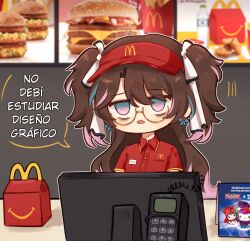  1girl aqua_eyes bags_under_eyes breasts brown_hair cashier collared_shirt colored_tips commentary happy_meal highres jhenny345 long_hair mcdonald's medium_breasts multicolored_eyes multicolored_hair pink_eyes red_shirt semi-rimless_eyewear shirt solo spanish_commentary spanish_text translated twintails two-tone_eyes two_side_up under-rim_eyewear visor_cap wuthering_waves yellow-framed_eyewear zhezhi_(wuthering_waves) 