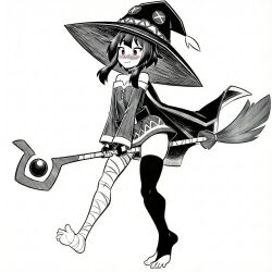  1girl bandaged_leg bandages bare_shoulders belt black_and_white black_cape black_gloves black_hair black_hat black_legwear black_thighhighs blush broom buckle cape choker closed_mouth dress embarrassed eyebrows feet female female_focus female_only fingerless_gloves fingers flat_chest full_body gloves hat holding holding_staff humanoid kono_subarashii_sekai_ni_shukufuku_wo! loli long_sleeves mage mage_staff megumin meguminimalist mismatched_legwear no_shoes off_shoulder off_shoulder_dress red_eyes short_hair short_hair_with_long_locks shoulderless shoulderless_dress single_thighhigh skindentation small_breasts soles solo staff standing thigh-highs thighs toeless_footwear toenails toes white_background witch_hat zettai_ryouiki 