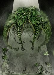  1other absurdres ambiguous_gender calligraphy_brush_(medium) deadpool_yuchan fighting_stance floating full_body giant giant_monster gradient_background greatsword green_theme highres holding holding_sword holding_weapon horizontal_pupils monster monster_focus monster_hunter_(character) monster_hunter_(series) monster_hunter_2 moss size_difference sword tentacles tree weapon yama_tsukami 