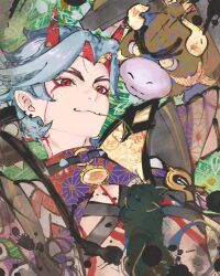  1boy arataki_itto aratakihitsuji black_choker body_markings bodypaint choker closed_mouth colored_inner_hair commentary earrings english_commentary forked_eyebrows genshin_impact highres horns jewelry male_focus mismatched_eyebrows multicolored_hair red_eyes red_hair red_horns spiked_choker spikes ushi_(genshin_impact) white_hair 