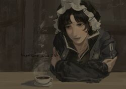  1other androgynous arabic_text arms_on_table black_hair black_hat black_shirt buttons cafe coffee collarbone collared_shirt crossed_arms cup detached_hood frilled_headwear happy hat hatsburg high_collar highres hood hood_down hooded_jacket indoors jacket leaning_forward len'en light_blush lips long_sleeves looking_ahead lower_teeth_only mob_cap open_clothes open_jacket open_mouth other_focus parted_lips pink_lips puffy_long_sleeves puffy_sleeves purple_jacket realistic saucer shirt shitodo_kuroji short_hair sleeves_past_wrists smile solo steam talking teacup teeth translation_request triangular_headpiece upper_body vertical-striped_sleeves zipper 