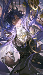  1boy black_coat black_gloves black_pants blue_cape blue_eyes blue_feathers blue_hair broken brooch cape chinese_commentary clarence_clayden clarence_clayden_(mist_city) coat collar_chain_(jewelry) collared_shirt cowboy_shot curtained_hair dragon_wings dusk falling feathers frilled_sleeves frills from_above gears glint gloves hair_between_eyes highres infinity_symbol jewelry lapel_pin lapels long_hair long_sleeves looking_at_viewer lovebrush_chronicles male_focus maosen mole mole_under_eye monocle offering_hand open_hand pants parted_lips patterned_clothing pendant plume shawl_lapels shirt sleeveless sleeveless_coat solo two-sided_cape two-sided_fabric upper_body very_long_hair watermark weibo_watermark white_cape white_shirt wing_brooch wings 