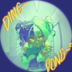  1girl ahoge aqua_nails bare_shoulders black_hair border braid braided_twintails ceiling_light china_dress chinese_clothes closed_mouth commentary detached_sleeves dialyn_(zenless_zone_zero) double_bun dress earrings english_commentary hair_bun hair_intakes hair_ornament hairclip highres indoors jewelry long_hair looking_at_viewer mai_beenot multicolored_hair multicolored_nails musical_note palms_together panda_hair_ornament pov_peephole red_nails round_border smile solo sound_effects split-color_hair upper_body white_dress white_hair zenless_zone_zero 