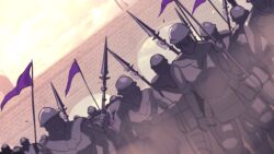  364ing 6+others absurdres armor bridge chromashift clouds commentary commission dutch_angle english_commentary flag full_armor highres holding holding_flag holding_polearm holding_weapon multiple_others outdoors polearm second-party_source sky spear weapon 