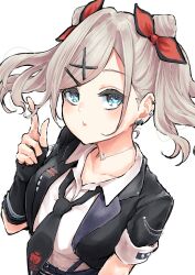  1girl absurdres black_gloves black_jacket black_necktie blue_eyes breasts ceras_yanagida_lilienfeld chain chain_necklace collarbone collared_shirt commentary cone_hair_bun double_bun dress_shirt earrings elbow_gloves fingerless_gloves gloves grey_hair hair_bun highres i_do_me!_(love_live!) jacket jewelry large_breasts link!_like!_love_live! looking_at_viewer love_live! medium_hair mendo_(mend0o0) necklace necktie open_clothes open_jacket shirt short-sleeved_jacket short_sleeves sidelocks simple_background solo twintails upper_body virtual_youtuber white_background white_shirt 