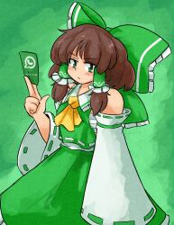  1girl absurdres alternate_color ascot blush bow brown_hair chest_sarashi commentary detached_sleeves english_commentary frilled_bow frilled_hair_tubes frills green_bow green_eyes green_skirt grey_background hair_bow hair_tubes hakurei_reimu highres mcsquiddies medium_hair nontraditional_miko sarashi skirt solo touhou whatsapp yellow_ascot 