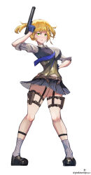  1girl absurdres bare_legs between_breasts black_skirt blonde_hair blue_gloves blue_necktie blush bolt_action breasts collared_shirt corset cropped_vest full_body girls_frontline gloves green_eyes gun hand_up handgun highres hip_focus holding holding_gun holding_weapon holster large_breasts legs medium_breasts medium_hair necktie necktie_between_breasts pinkturnip232 pleated_skirt serious shirt skirt solo striped_clothes striped_skirt striped_vest thigh_holster thigh_strap thighs twintails vertical-striped_clothes vertical-striped_skirt vertical-striped_vest vest weapon welrod welrod_mkii_(girls'_frontline) white_shirt 