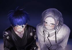  2boys aotsuki_eito black_hair black_haori black_roots blue_eyes blue_hair blush chinese_commentary collarbone commentary_request crying crying_with_eyes_open earrings eye_print eyepatch face_piercing glasses grey_eyes grey_hair grey_kimono haori highres jacket japanese_clothes jewelry kimono kualie_xiaozhao labret_piercing looking_at_viewer looking_over_eyewear male_focus multicolored_hair multiple_boys omokage_yugamu piercing print_eyepatch roots_(hair) short_hair smile tears the_hundred_line_-last_defense_academy- variant_set white_jacket 