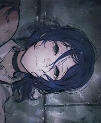  1boy 1girl blue_eyes chainsaw_man choker green_eyes hair_between_eyes highres looking_at_viewer lying moku_(muooku) on_back reze_(chainsaw_man) scene_reference shirt sideways solo_focus typhoon_devil's_contractor_(chainsaw_man) water wet white_shirt wide-eyed 