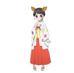  1girl accel_world animal_ears black_hair blush character_request hakama japanese_clothes kimono looking_at_viewer official_art red_hakama reindeer_ears short_hair simple_background smile solo violet_eyes white_background white_legwear 