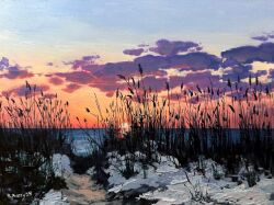  beach clouds commentary english_commentary evening gradient_sky highres horizon kate_avery no_humans ocean oil_painting_(medium) original outdoors painting_(medium) reeds scenery sky snow sun sunset traditional_media 