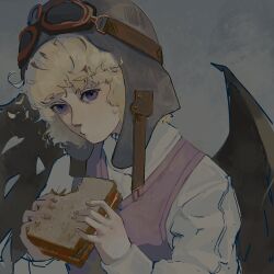  1other androgynous aviator_cap belt belt_buckle bird_wings black_wings blonde_hair brown-framed_eyewear brown_belt buckle chewing closed_mouth commentary_request eating english_commentary fingernails food goggles goggles_on_headwear gold_buckle grey_background grey_helmet hat_belt hatsburg helmet highres holding holding_food len'en long_sleeves looking_at_viewer messy_hair open_belt other_focus print_vest puffy_long_sleeves puffy_sleeves purple_vest realistic round_eyewear sandwich shirt short_hair simple_background sleeve_cuffs sleeves_past_wrists solo star_(symbol) star_print turtleneck turtleneck_shirt umatachi_tsugumi upper_body vest violet_eyes white_shirt wings 