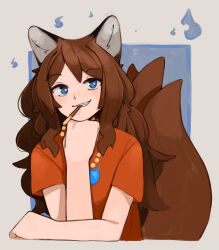 1girl absurdres animal_ears bead_necklace beads blue_eyes brown_hair commentary dated english_commentary fang food food_in_mouth fox_ears fox_girl fox_tail head_rest highres jewelry kart_prowler kit_(kart_prowler) long_hair multiple_tails necklace orange_shirt original pocky pocky_day pocky_in_mouth shirt short_sleeves smile solo t-shirt tail teeth will-o'-the-wisp_(mythology) 