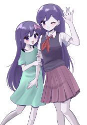  2girls arm_up aubrey_(headspace)_(omori) aubrey_(omori) black_sweater_vest blue_shirt blush bow bra_strap closed_mouth collared_shirt colored_skin commentary_request double-parted_bangs hair_between_eyes hair_bow hands_on_another's_arm highres long_hair long_shirt mari_(headspace)_(omori) mari_(omori) multiple_girls neckerchief omori one_eye_closed open_mouth pink_bow pleated_skirt purple_hair red_neckerchief red_skirt shirt simple_background skirt smile sweater_vest t-shirt true_erg violet_eyes white_background white_shirt white_skin 