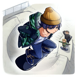  1girl 2boys alternate_costume alternate_skin_color arm_at_side arm_behind_back arm_up artist_name beanie black_jacket black_pants black_sleeves blue_shoes blunt_ends brown_hat camouflage camouflage_jacket casual chain-link_fence closed_eyes closed_mouth collarbone contemporary cross-laced_shoes denim drawstring facing_another fence from_above genshin_impact green_hood green_hoodie green_sleeves grey_eyes hand_in_pocket hat highres hood hood_down hooded_jacket hoodie jacket jeans long_sleeves looking_at_another looking_at_viewer lumine_(genshin_impact) multiple_boys open_clothes open_jacket open_mouth orange_hair outdoors outstretched_arms pants purple_hair sanpaku scaramouche_(genshin_impact) shirt shoes skate_park skateboard skateboarding skirt sneakers spread_arms taka35_35 tartaglia_(genshin_impact) track_jacket track_pants track_suit tsurime white_shirt white_shoes white_skirt wispy_bangs zipper 