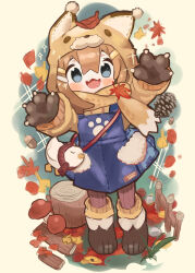  1girl acorn animal_ears animal_hands animal_hood apron arms_up autumn autumn_leaves bag blue_apron blue_eyes blush brown_hair brown_shoes child commentary_request fang fangs fence food full_body ginkgo_leaf gloves hair_between_eyes hair_ornament hairclip highres hood leaf long_sleeves looking_at_viewer mamehinata maple_leaf mushroom naz_(736) open_mouth outdoors overalls pantyhose paw_gloves paw_print paw_shoes pom_pom_(clothes) ribbed_pantyhose ribbed_socks scarf shoes skin_fang skin_fangs smile socks solo sparkle standing sweater tree_stump vrchat white_background wooden_fence 