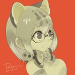 1girl 2017 alternate_eyewear animal_ears bare_shoulders bow bowtie cat_ears commentary dated elbow_gloves eyebrows_visible_through_hair eyelashes from_side glasses gloves highres hirotaka_(bitmap1022) kemono_friends looking_away margay_(kemono_friends) margay_ears margay_print multicolored_hair portrait red_background sanpaku semi-rimless_glasses sepia shirt short_hair signature smile solo spot_color tareme under-rim_glasses 