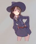 1girl ashy@ belt brown_hair hat kagari_atsuko little_witch_academia long_hair red_eyes simple_background skirt smile solo witch witch_hat 