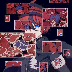  1boy absurdres ahoge apple armband black_background black_cape black_hair black_jacket blue_apple blue_eyes blue_flower blue_rose buttons cape chinese_commentary commentary_request eyeball flower food fruit gakuran hair_between_eyes high_collar highres hole_in_chest hole_on_body jacket last_defense_academy_school_uniform long_sleeves male_focus meat mizongwenwu multicolored_hair pomegranate red_flower red_hair red_rose rose school_uniform short_hair solo streaked_hair sumino_takumi the_hundred_line_-last_defense_academy- two-tone_hair upper_body white_armband 