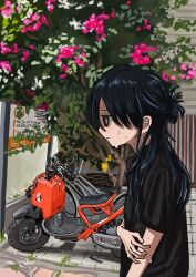  1girl black_eyes black_hair black_shirt bright_pupils hair_between_eyes half_updo hashtag-only_commentary highres holding_own_arm motor_vehicle nanac_go original outdoors plant profile scooter shirt short_sleeves solo sweat vines white_pupils 