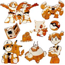  2girls 3boys arm_behind_head ash_ketchum bare_shoulders baseball_cap black_hair black_shirt bone bulbasaur cropped_jacket crossed_arms cubone davilorium dugtrio earrings elbow_gloves fingerless_gloves flexing gloves hair_between_eyes hat holding holding_bone jacket james_(pokemon) jessie_(pokemon) jewelry light_blush long_hair machamp meowth misty_(pokemon) multiple_boys multiple_girls muscular muscular_male on_shoulder open_mouth orange_hair pants pikachu poke_ball pokedex pokemon pokemon_(creature) pokemon_on_shoulder red_hair shirt short_hair shouting side_ponytail skirt smile snorlax team_rocket team_rocket_uniform togepi white_jacket white_pants white_skirt 