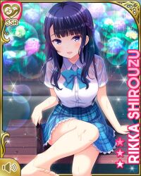  1girl black_eyes black_hair black_socks blue_bow blue_bowtie blue_skirt bow bowtie card_(medium) character_name full_body girlfriend_(kari) jacket loafers looking_at_viewer miniskirt official_art plaid_clothes plaid_skirt pleated_skirt qp:flapper school_uniform shirouzu_rikka shirt shoes skirt smile socks solo standing suspenders undressing white_shirt 