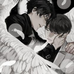  2boys belt black_coat black_eyes black_hair blackbox_(blackbox9158) breath clenched_teeth closed_eyes coat curtained_hair falling_feathers feathered_wings feathers hand_on_another's_face hand_on_another's_shoulder heads_together highres kim_dokja male_focus multiple_boys multiple_scars omniscient_reader's_viewpoint open_clothes open_coat parted_lips popped_collar scar scar_on_hand short_hair sky star_(sky) starry_sky sun_behind_head teeth third-party_source white_coat white_wings wings yoo_joonghyuk 