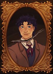  1boy absurdres blue_eyes blue_hair blue_sweater_vest brown_jacket collared_shirt donniipao english_commentary highres jacket jojo_no_kimyou_na_bouken jonathan_joestar looking_at_viewer male_focus official_alternate_costume phantom_blood picture_frame portrait portrait_(object) red_ribbon ribbon shirt smile solo sweater_vest white_shirt 