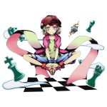  1girl blue_eyes brown_hat checkered chess_piece choker collarbone divine_gate full_body green_eyes green_hair green_shirt hat heart heterochromia jacket king_(chess) knight_(chess) no_game_no_life official_art open_clothes open_jacket pawn pink_jacket rook_(chess) shirt short_hair smile solo teto transparent_background ucmm wrist_cuffs 