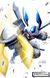  1boy arm_blade armor clenched_hands eye_trail full_body glowing glowing_eyes helmet highres humanoid_robot incoming_attack light_trail male_focus medarot red_eyes robot rokusho_(medarot) simple_background soezy solo weapon white_armor white_background white_helmet 