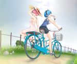  2girls alternate_costume animal_ears arm_support bare_shoulders bicycle bicycle_basket blue_eyes blue_hair breasts cat_ears dress fence grass ground_vehicle hair_ornament hair_over_one_eye hat highres holding holding_hat looking_at_viewer medium_breasts multiple_girls pink_eyes pink_hair ram_(re:zero) re:zero_kara_hajimeru_isekai_seikatsu rem_(re:zero) rock saruno_(eyesonly712) shoes short_hair shorts shoulders side-saddle sky sneakers strapless strapless_dress straw_hat suspenders x_hair_ornament 