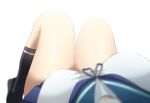  1girl bare_shoulders black_legwear blurry breasts commentary_request depth_of_field female_pov highres kantai_collection kneehighs knees_up large_breasts ohiya pov revision school_uniform serafuku simple_background skirt solo uniform ushio_(kantai_collection) white_background 