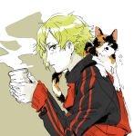  1boy cat cup fusuma_(nohbrk) green_eyes green_hair jacket male_focus profile steam touken_ranbu track_jacket uguisumaru yunomi 