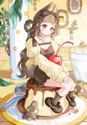  1girl animal_ears blunt_bangs blush braid braided_hair_rings brown_eyes brown_hair brown_shoes brown_socks cherry collarbone commentary cup drinking_glass food fruit full_body hair_rings highres jewelry juliet_sleeves long_hair long_sleeves looking_at_viewer milk necklace original oversized_object parted_lips plate pudding puffy_sleeves rabbit rabbit_ears rabbit_girl rabbit_tail shirt shoes sitting socks solo spoon symbol-only_commentary tail yellow_shirt yutukicom 