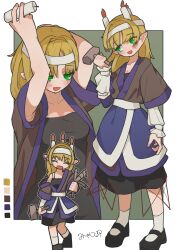  1girl absurdres arm_warmers black_dress blonde_hair blush breasts brown_shirt candle color_guide doll dress full_body green_eyes hashihime headband highres holding holding_doll holding_mallet loose_socks mallet mary_janes medium_breasts mizuhashi_parsee multiple_views myakopu nail_(hardware) open_mouth pointy_ears shirt shoes short_hair short_sleeves smile socks standing straw_doll touhou ushi_no_koku_mairi white_headband 