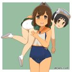  2girls ass bangs black_hair blue_swimsuit brown_eyes brown_hair capriccyo carrying cowboy_shot diving_mask diving_mask_on_head highres i-401_(kantai_collection) kantai_collection looking_at_viewer maru-yu_(kantai_collection) multiple_girls orange_sailor_collar parted_bangs ponytail sailor_collar school_swimsuit short_hair short_ponytail swimsuit swimsuit_under_clothes twitter_username white_school_swimsuit white_swimsuit 