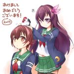  2017 2girls akeome bird brown_eyes brown_hair chicken crescent crescent_moon_pin gradient_hair green_skirt hair_ornament highres jacket kantai_collection kisaragi_(kantai_collection) long_hair minosu multicolored_hair multiple_girls musical_note mutsuki_(kantai_collection) neckerchief new_year pleated_skirt red_neckerchief remodel_(kantai_collection) rooster school_uniform serafuku short_hair simple_background skirt spoken_musical_note violet_eyes white_background 