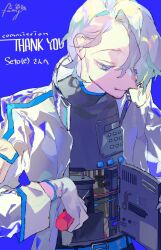  1boy blue_background cable closed_mouth commentary_request electric_panel gloves grey_shirt highres holding holding_screwdriver jacket long_sleeves looking_down male_focus open_clothes open_jacket original robot_boy screwdriver shinjitsu_no_kuchi shirt short_hair smile solo violet_eyes white_gloves white_hair white_jacket 