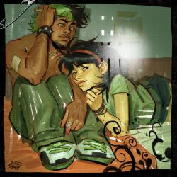  1boy 1girl adoptive_siblings antonio_leon_mars_(skcd_loen) arm_hair artist_logo asian baggy_pants bandaged_fingers bandages black_border black_eyes black_hair border bracelet brother_and_sister chest_hair cigarette closed_mouth commentary curled_fingers drop_shadow elbow_on_knee elbow_rest english_commentary eyebrow_cut facial_hair flourish_(design) frutiger_metro gauze_on_arm goatee green_eyes green_hair green_pants green_shirt green_shorts hair_behind_ear hairband hashtag-only_commentary head_on_another's_arm holding holding_cigarette jewelry kim_huang_(skcd_loen) knees_up laces logo looking_at_viewer looking_to_the_side lying medium_hair multicolored_hair mustache necklace on_floor on_side original pants polaroid_photo red_hairband ring_piercing safety_pin shirt shoes shorts siblings silver_necklace sitting skcd_loen sketch sneakers spiked_bracelet spikes split-color_hair symbol-only_commentary t-shirt tan thick_lips two-tone_hair wolf_cut 