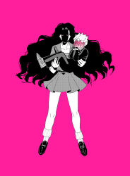  1boy 1girl absurdres black_hair blush carrying commentary_request covering_face covering_own_eyes diamond_wa_kudakenai full-face_blush full_body gakuran greyscale_with_colored_background hetero highres hirose_koichi jojo_no_kimyou_na_bouken loafers long_hair looking_at_viewer pink_background pink_eyes pleated_skirt princess_carry rr8560 school_uniform serafuku shaded_face shoes short_hair short_sleeves skirt socks spot_color sweat very_long_hair yamagishi_yukako 