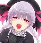  1girl black_gloves blush fate/extra fate/grand_order fate_(series) gloves hat long_hair migihiko nursery_rhyme_(fate/extra) open_mouth short_hair silver_hair smile solo violet_eyes 