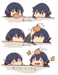  2girls betchan black_hair closed_eyes colored flying_sweatdrops food fruit headphones i-13_(kantai_collection) i-14_(kantai_collection) kantai_collection multiple_girls orange orange_eyes short_hair siblings table translation_request twins white_background 