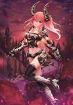  1girl armor black_boots black_legwear boots breasts cleavage demon_horns dragon full_body gauntlets h2o_(dfo) horns long_hair midriff navel original pink_hair red_eyes solo tail thigh-highs tower 