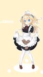  1girl @_@ alternate_costume apron blonde_hair blue_eyes blush character_name enmaided fang flying_sweatdrops full_body hair_between_eyes highres long_hair looking_at_viewer maid o&#039;bannon_(zhan_jian_shao_nyu) open_mouth potato sasya skirt skirt_basket smile solo standing two_side_up wavy_mouth white_legwear zhan_jian_shao_nyu 