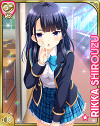  1girl black_eyes black_hair black_socks blue_bow blue_bowtie blue_skirt bow bowtie card_(medium) character_name full_body girlfriend_(kari) jacket loafers looking_at_viewer miniskirt official_art plaid_clothes plaid_skirt pleated_skirt qp:flapper school_uniform shirouzu_rikka shirt shoes skirt smile socks solo standing suspenders undressing white_shirt 