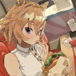  1girl animal_ear_piercing animal_ears bare_shoulders booth_seating brown_hair burger buttons chair collared_shirt dot_nose eating eyes_visible_through_hair food food_wrapper hair_between_eyes holding holding_food horse_ears horse_girl indoors light_blush lips looking_at_viewer menu on_chair parted_lips restaurant shirt short_hair sitting sleeveless sleeveless_shirt solo t.m._opera_o_(umamusume) teru_shimitsu tray umamusume upper_body violet_eyes white_shirt 