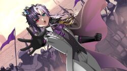  1girl 364ing 6+others absurdres alternate_costume alternate_hair_length alternate_hairstyle androgynous aqua_eyes armor ascot black_gloves black_hair black_vest blue_gemstone buttons clenched_hand commentary commission crown dutch_angle english_commentary eyelashes fingerless_gloves flag fur_trim gem gloves heterochromia highres holding holding_flag holding_polearm holding_weapon indie_virtual_youtuber jacket medium_hair multicolored_hair multiple_others open_clothes open_jacket open_mouth outstretched_arm pants polearm purple_ascot purple_gemstone purple_hair red_eyes rin_penrose second-party_source solo_focus spear split-color_hair teeth two-tone_hair upper_teeth_only vest virtual_youtuber weapon white_jacket white_pants 