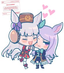  2girls animal_ears aqua_bow aqua_bowtie aqua_ribbon aqua_socks armband black_boots black_jacket black_skirt blunt_bangs blush blush_stickers boots bow bowtie breasts brown_hat chibi closed_eyes closed_mouth coat crossed_arms dress ear_bow ear_ribbon frilled_coat frills gloves gold_ship_(red_strife)_(umamusume) gold_ship_(umamusume) green_bow green_bowtie green_socks grey_hair hat highres horse_ears horse_girl horse_tail hug jacket leggings long_hair long_sleeves mejiro_mcqueen_(frontline_elegance)_(umamusume) mejiro_mcqueen_(umamusume) multiple_girls open_mouth pantyhose pechehouse pillbox_hat pleated_skirt purple_bow purple_hair red_dress ribbon skirt sleeveless sleeveless_dress smile socks striped_armband striped_clothes tail umamusume violet_eyes white_boots white_gloves white_leggings white_pantyhose yuri 